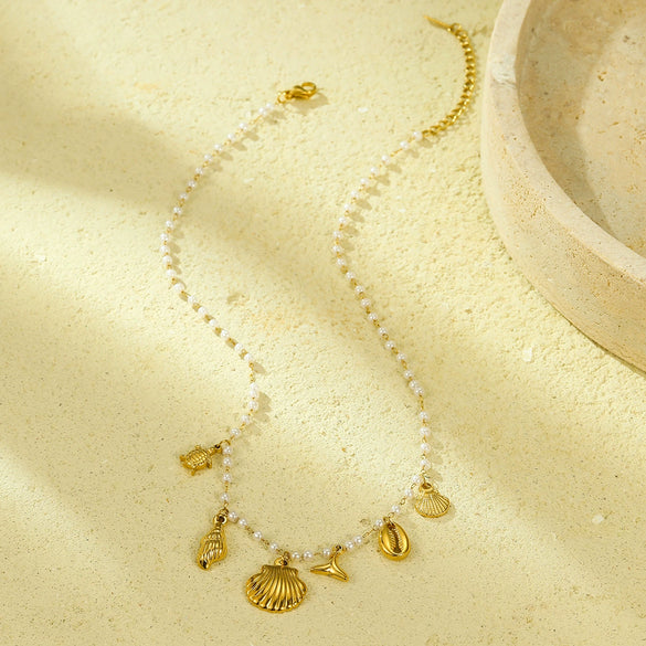 Marine Series Pearl Stainless Steel Pendant Necklace With Starfish Conch Shell Fashion Electroplating For Women