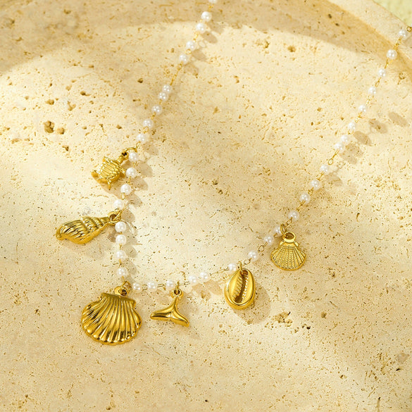 Marine Series Pearl Stainless Steel Pendant Necklace With Starfish Conch Shell Fashion Electroplating For Women
