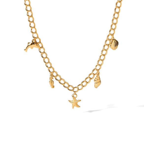 Marine Series Stainless Steel And Titanium Steel Necklace With Starfish And Shell Pendant Electroplated Animal Patterned