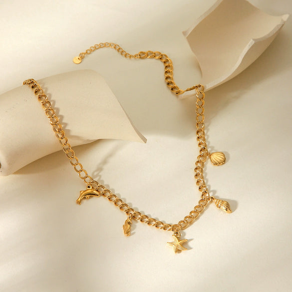 Marine Series Stainless Steel And Titanium Steel Necklace With Starfish And Shell Pendant Electroplated Animal Patterned