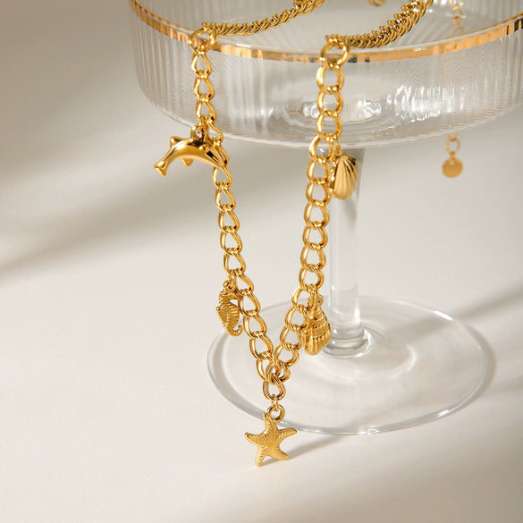 Marine Series Stainless Steel And Titanium Steel Necklace With Starfish And Shell Pendant Electroplated Animal Patterned