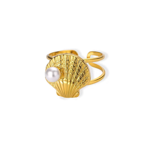 Marine Series Stainless Steel Ring With Shell Pearl Electroplated