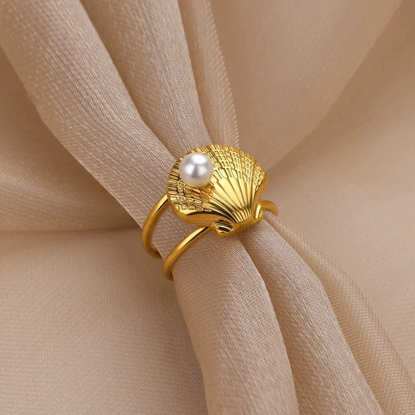 Marine Series Stainless Steel Ring With Shell Pearl Electroplated