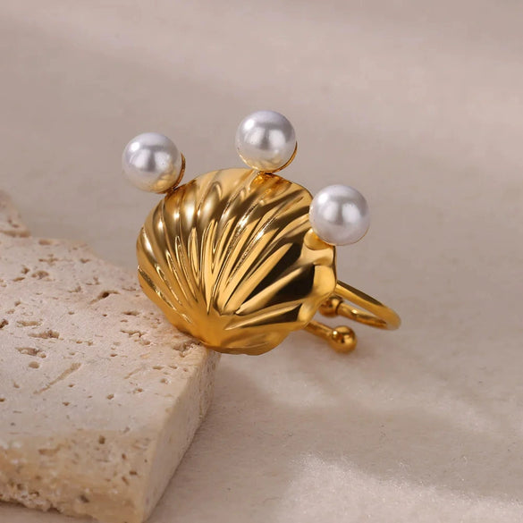 Marine Series Stainless Steel Ring With Shell Pearl Electroplated