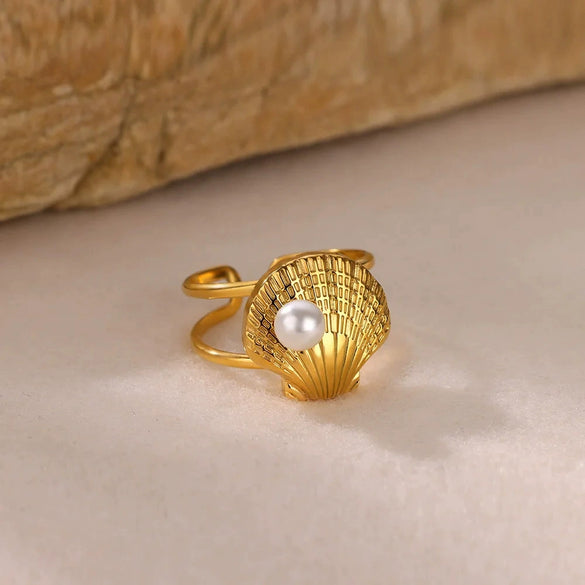 Marine Series Stainless Steel Ring With Shell Pearl Electroplated