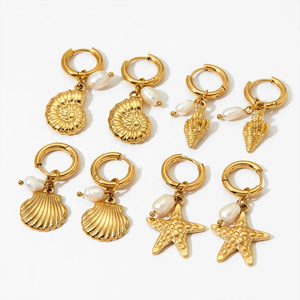 Marine Style Beach Starfish Conch Shell 304 Stainless Steel Drop Earrings