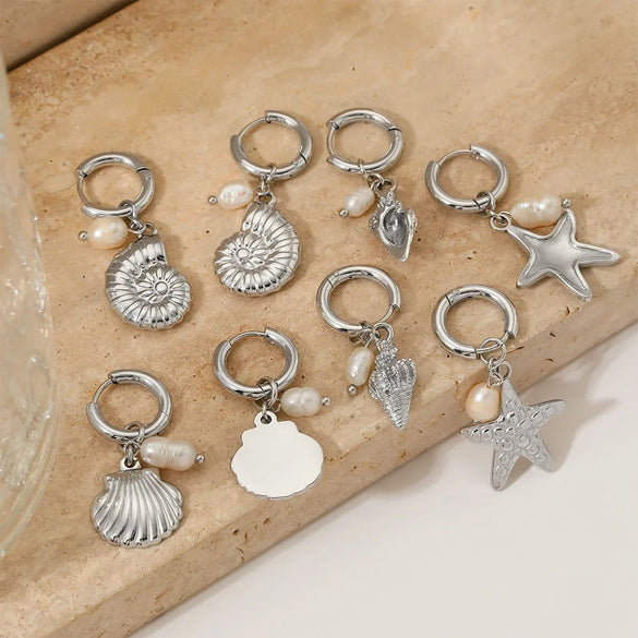 Marine Style Beach Starfish Conch Shell 304 Stainless Steel Drop Earrings