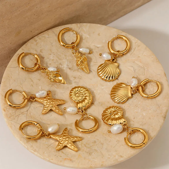 Marine Style Beach Starfish Conch Shell 304 Stainless Steel Drop Earrings