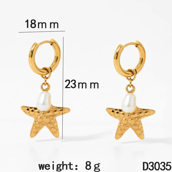 Marine Style Beach Starfish Conch Shell 304 Stainless Steel Drop Earrings