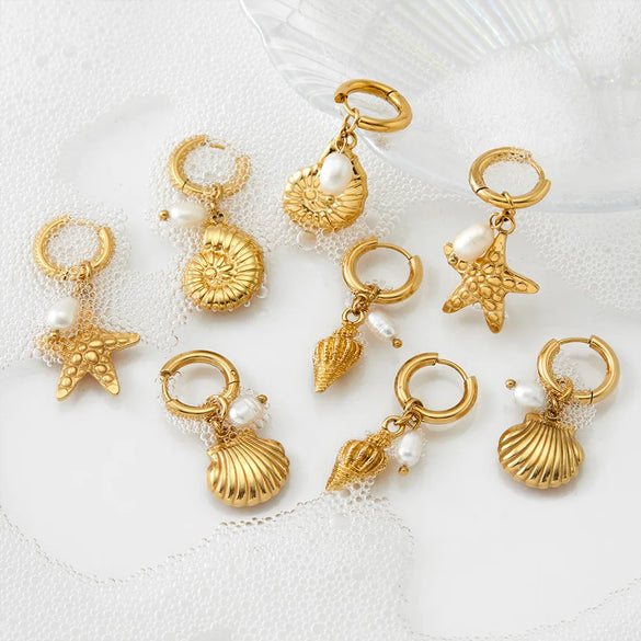 Marine Style Beach Starfish Conch Shell 304 Stainless Steel Drop Earrings