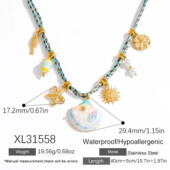 Marine Style Beach Sun Starfish Shell 304 Stainless Steel Cable Chain Pendant Necklaces Wholesale