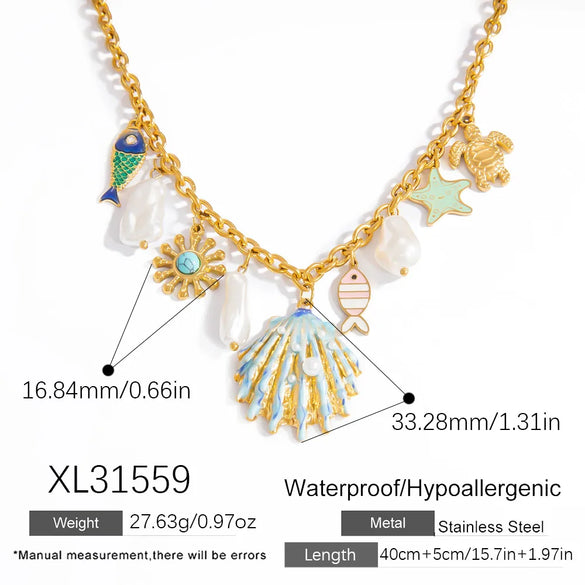 Marine Style Beach Sun Starfish Shell 304 Stainless Steel Cable Chain Pendant Necklaces Wholesale
