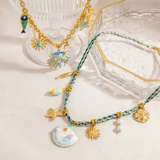 Marine Style Beach Sun Starfish Shell 304 Stainless Steel Cable Chain Pendant Necklaces Wholesale