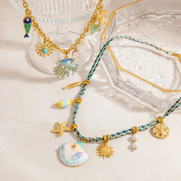 Marine Style Beach Sun Starfish Shell 304 Stainless Steel Cable Chain Pendant Necklaces Wholesale