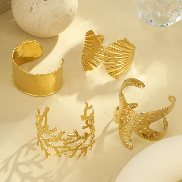 Marine Style Coral Starfish Shell Exaggerated Titanium Steel Bracelet Stainless Steel Plated 18K Gold Jewelry
