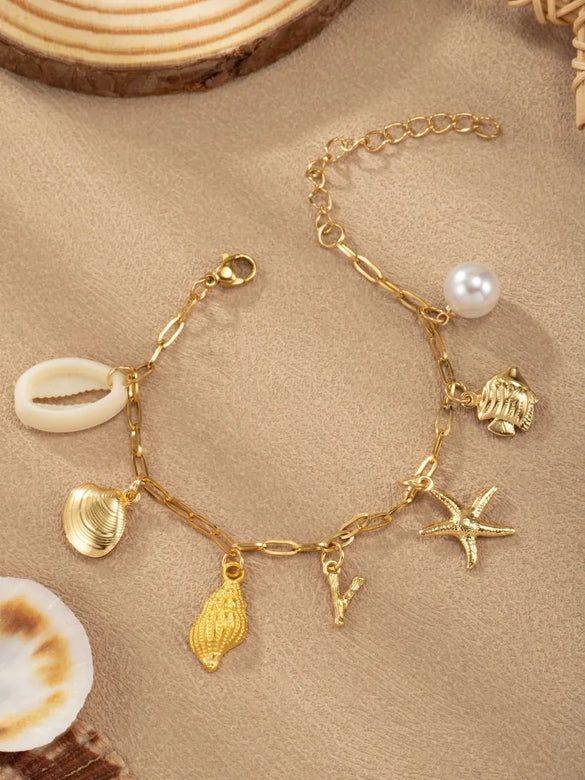 Marine Style Letter Starfish Conch 304 Stainless Steel Bracelets In Bulk