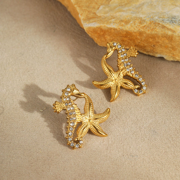 Marine Style Seahorse Starfish Geometric Earrings Stainless Steel 18K Electroplated Ear Jewelry