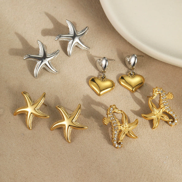 Marine Style Seahorse Starfish Geometric Earrings Stainless Steel 18K Electroplated Ear Jewelry
