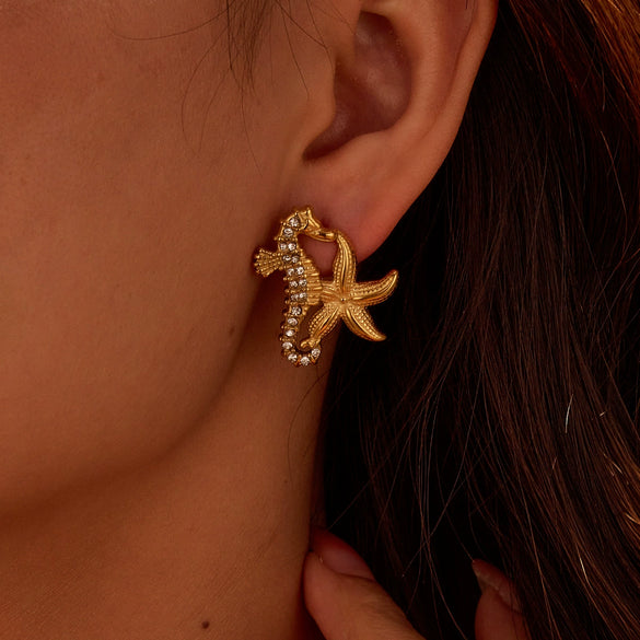 Marine Style Seahorse Starfish Geometric Earrings Stainless Steel 18K Electroplated Ear Jewelry