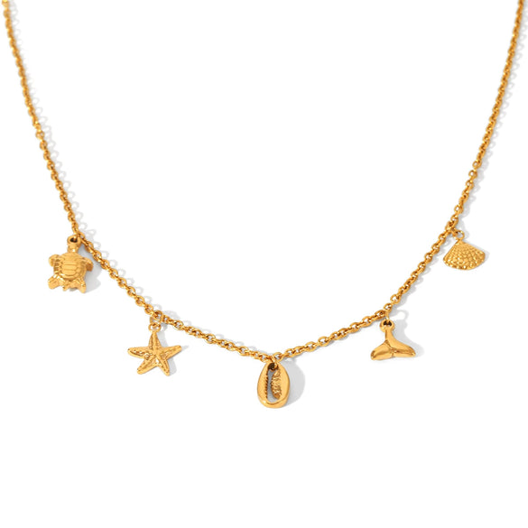 Marine Style Stainless Steel And Titanium Steel Clavicle Chain Necklace With Starfish Shell Turtle Fish Tail Animal Zodiac Star Geometric Pendant And Electroplating