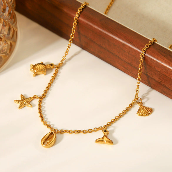 Marine Style Stainless Steel And Titanium Steel Clavicle Chain Necklace With Starfish Shell Turtle Fish Tail Animal Zodiac Star Geometric Pendant And Electroplating