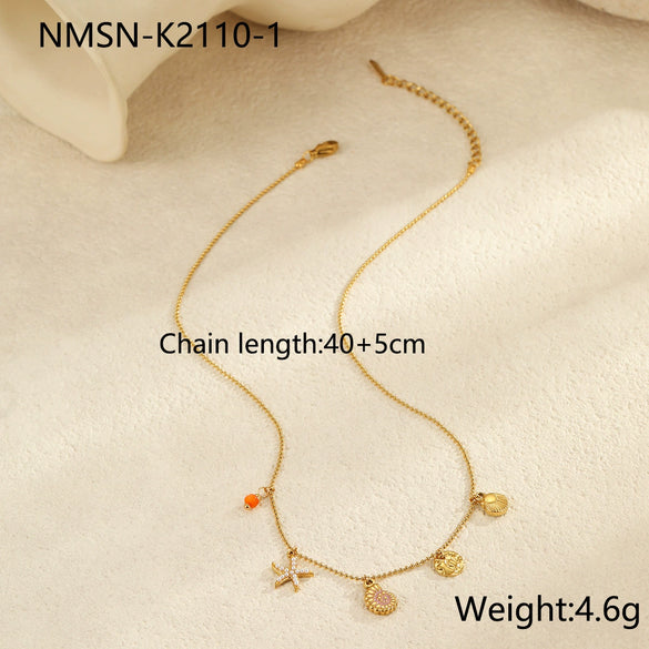 Marine Style Titanium Steel And Stainless Steel Necklace With Conch And Starfish Pendant Geometric Pattern Electroplated For Women