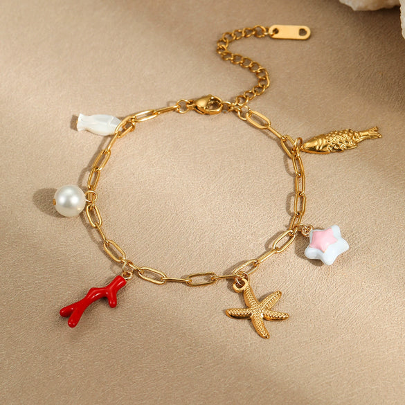 Marine Vacation Coral Starfish Pendant Bracelet Stainless Steel 18K Gold Plated Geometric Style Hand Jewelry For Women