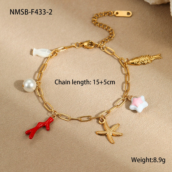 Marine Vacation Coral Starfish Pendant Bracelet Stainless Steel 18K Gold Plated Geometric Style Hand Jewelry For Women