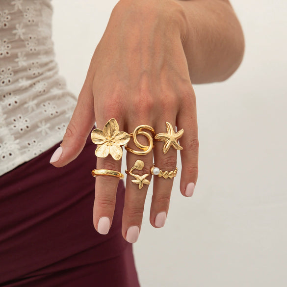 Marine Wind Conch Shell Ring Metal Flower Geometric Electroplated For Women