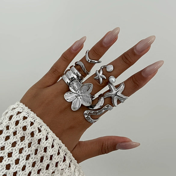 Marine Wind Conch Shell Ring Metal Flower Geometric Electroplated For Women
