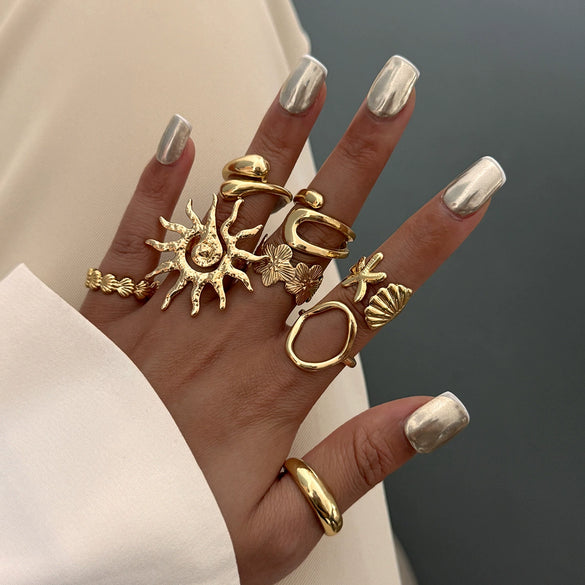 Marine Wind Conch Shell Ring Metal Flower Geometric Electroplated For Women