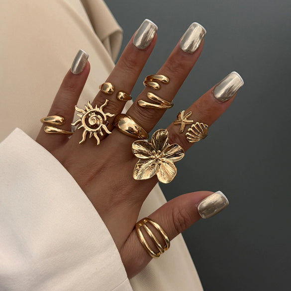 Marine Wind Conch Shell Ring Metal Flower Geometric Electroplated For Women