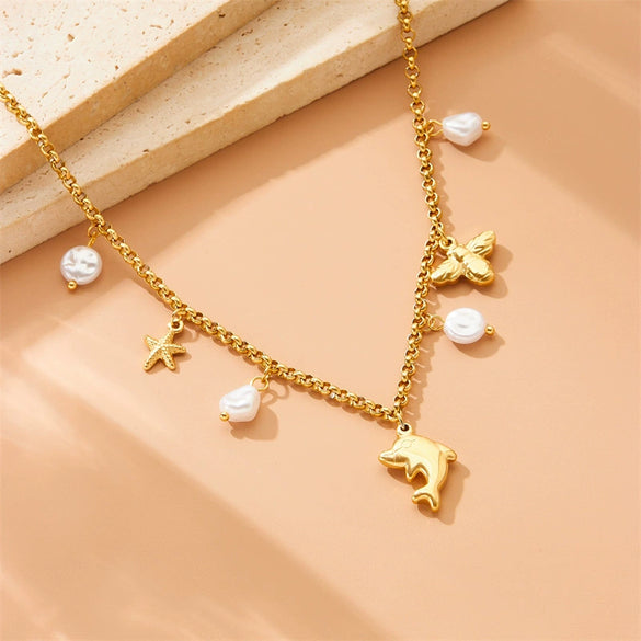 Marine Wind Jewelry Necklace Stainless Steel With Dolphin Starfish Pearl Accessories Electroplating