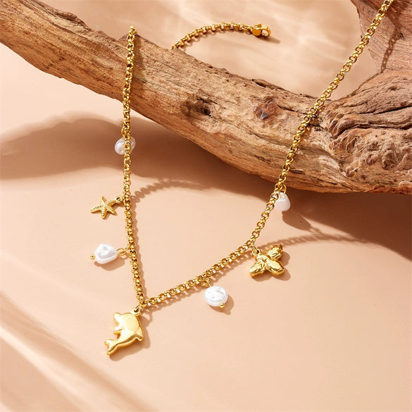 Marine Wind Jewelry Necklace Stainless Steel With Dolphin Starfish Pearl Accessories Electroplating