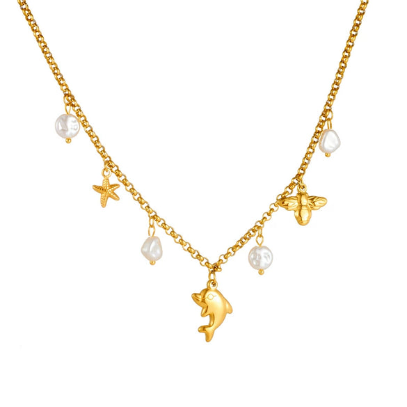 Marine Wind Jewelry Necklace Stainless Steel With Dolphin Starfish Pearl Accessories Electroplating