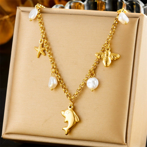 Marine Wind Jewelry Necklace Stainless Steel With Dolphin Starfish Pearl Accessories Electroplating