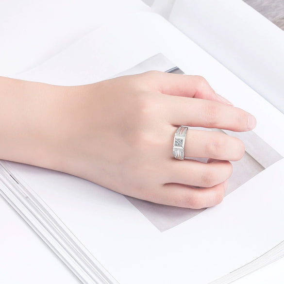 Men's Adjustable Sterling Silver Geometric Ring With Inlaid Zircon Simple Electroplated Statement Jewelry