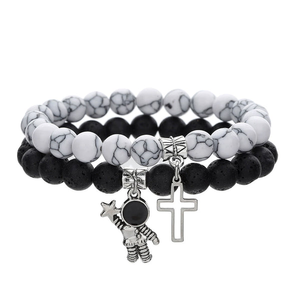 Men's Alloy And Black Gallstone Handmade Geometric Shape Stretch Bracelet With Astronaut Pendant