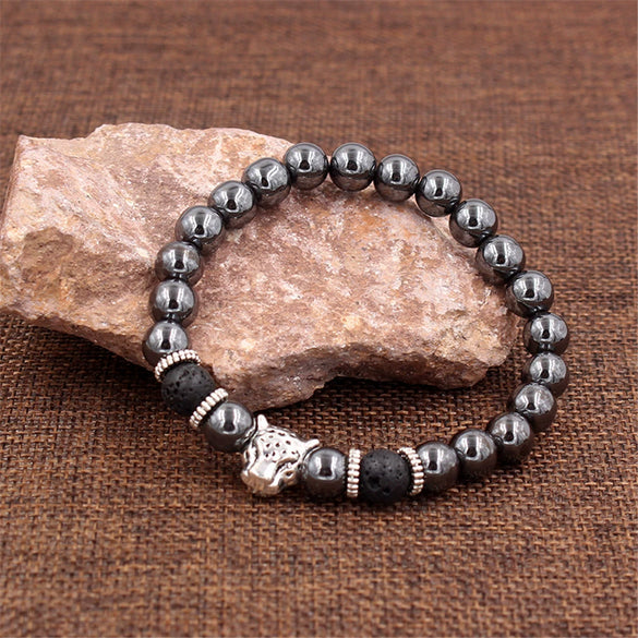 Men's Alloy And Blackstone Handmade Animals And Zodiac Style Bracelet With Lion Head Leopard Head Crown Owl Helmet Spacer And Volcanic Stone