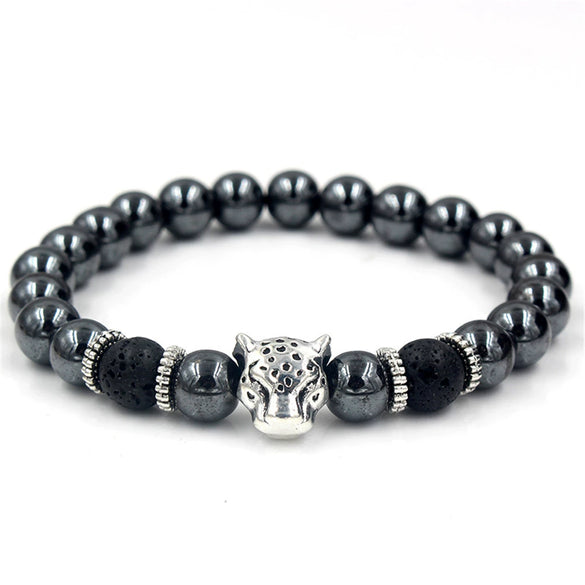 Men's Alloy And Blackstone Handmade Animals And Zodiac Style Bracelet With Lion Head Leopard Head Crown Owl Helmet Spacer And Volcanic Stone