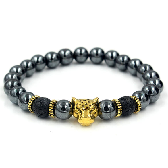 Men's Alloy And Blackstone Handmade Animals And Zodiac Style Bracelet With Lion Head Leopard Head Crown Owl Helmet Spacer And Volcanic Stone