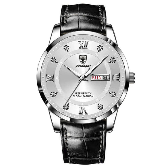Men's Alloy And Genuine Leather Business Style Round Dial Luminous Double Calendar Quartz Watch With Sapphire Crystal Glass Mirror And Stainless Steel Buckle