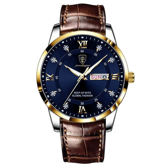 Men's Alloy And Genuine Leather Business Style Round Dial Luminous Double Calendar Quartz Watch With Sapphire Crystal Glass Mirror And Stainless Steel Buckle