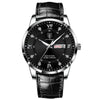 Men's Alloy And Genuine Leather Business Style Round Dial Luminous Double Calendar Quartz Watch With Sapphire Crystal Glass Mirror And Stainless Steel Buckle