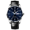 Men's Alloy And Genuine Leather Business Style Round Dial Luminous Double Calendar Quartz Watch With Sapphire Crystal Glass Mirror And Stainless Steel Buckle