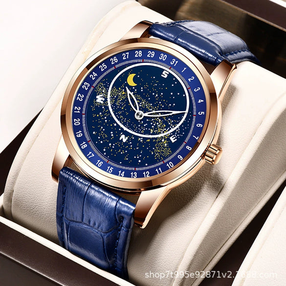 Men's Alloy And Genuine Leather Quartz Casual Watch With Round Dial Mineral Strengthened Glass Mirror And Stainless Steel Clasp