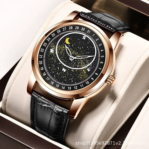 Men's Alloy And Genuine Leather Quartz Casual Watch With Round Dial Mineral Strengthened Glass Mirror And Stainless Steel Clasp