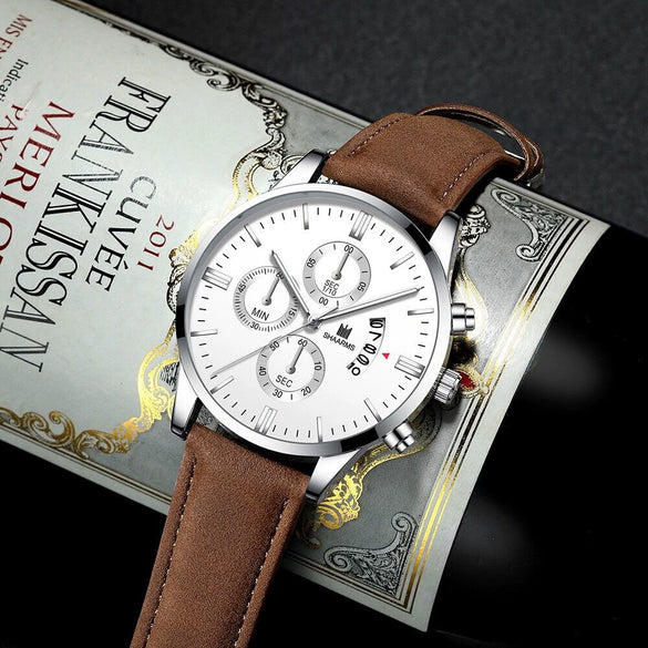 Men's Alloy And Imitation Leather Business Style Round Quartz Watch With Printed Logo