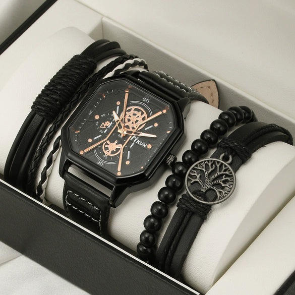 Men's Alloy And Imitation Leather Square Double Layer Shell Sports Casual Bracelet Set Quartz Watch
