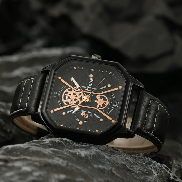 Men's Alloy And Imitation Leather Square Double Layer Shell Sports Casual Bracelet Set Quartz Watch